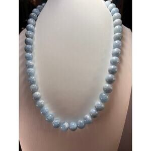 11mm Aquamarine beaded necklace with sterling silver clasp
